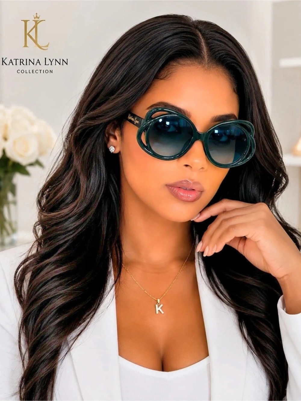 Katrina Lynn Collection Oval Sunglasses in Green & Black & white